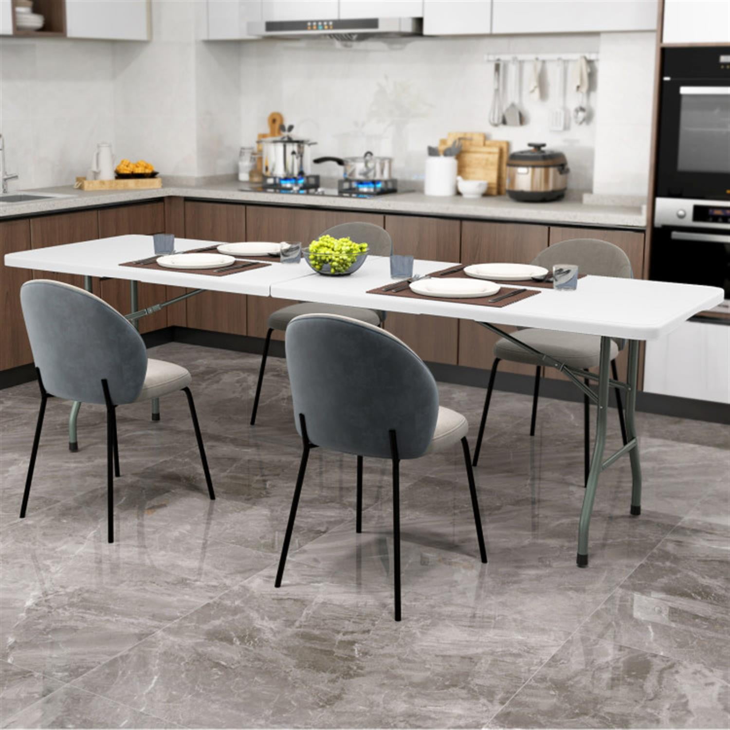 Demi Bonn 8 ft Portable Folding Table 350S Fold-in-Half Table with HDPE Tabletop fordoor Outdoor, Plastic Dining Picnic Party Camping Table, White