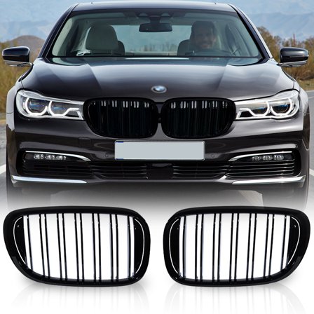 Astra Depot Glossy Black Dual-Slats Front Bumper Kidney Grille Grill for 2016-2018 BMW G11 G12 7 Series 740i 750i (Pair)