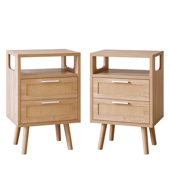 Set of 2 with 2 Drawers, 15.4" Modern Storage Bedside Table with Handles, Wooden End Table for Bedroom, Natural Wood