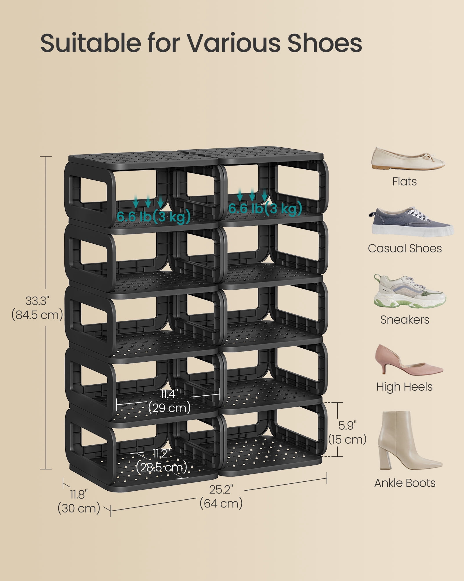 Shoe Rack, Shoe Organizer, 12 Shelves, Shoe Storage, Narrow Shoe Shelf, Open Shelf for Entryway, Living Room, Space-Saving, Ink Black