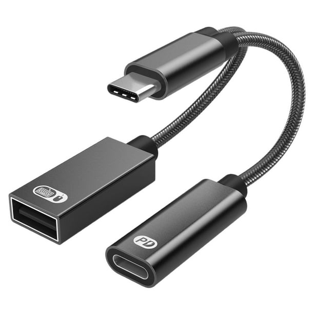 Adaptador USB C OTG PD 60W Cable de carga de nailon trenzado Divisor USB-C 2 en 1 negro