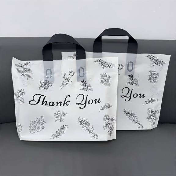 CCOCC 50 Pcs Plastic Gift Bags with Black and White Floral Prints,'Thank You'Text and Black Handles - Elegant and Durable