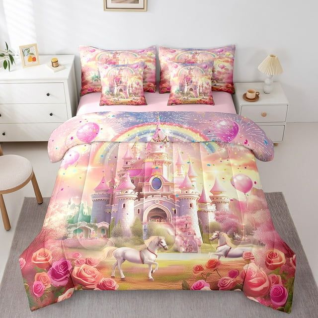 Erosebridal Ensembles de Literie Château Rose Format Simple, Literie de Princesse de Rêve Format Simple, Ensembles de Douillette Réversible à Fleurs de Roses Romantiques avec Draps, Décoration de Chambre en Microfibre, 7 Pcs