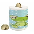 thumbnail image 1 of Cartoon Piggy Bank, Sleeping Prince Frog in a Cap Polka Dots Background Animal World Design, Ceramic Coin Bank Money Box for Cash Saving, 3.6" X 3.2", Green Blue, by Ambesonne, 1 of 4