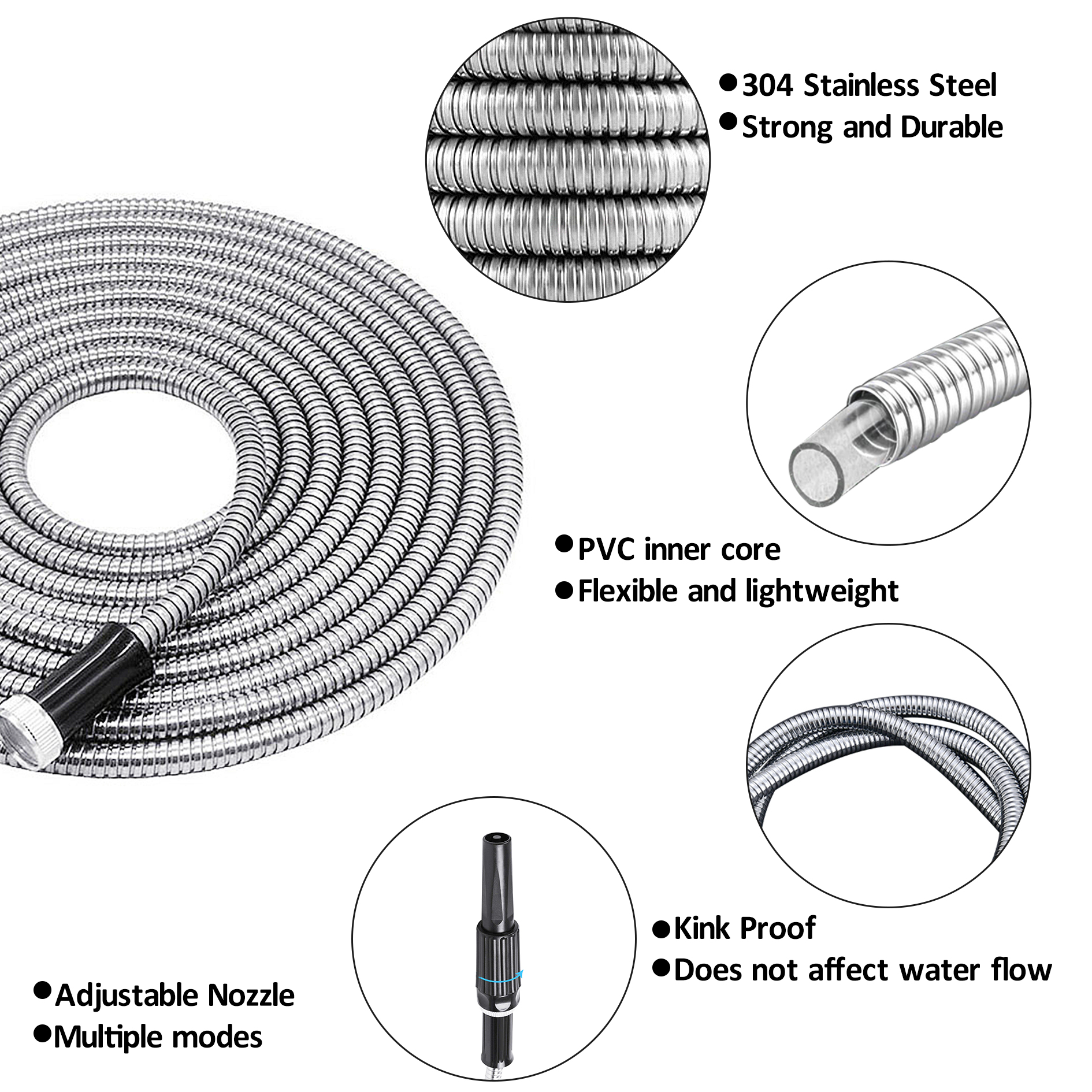 SEBLAFF Flexible Lightweight 304 Stainless Steel Garden Hose,Lightweight Metal Water Hoses with Nozzle for Portable