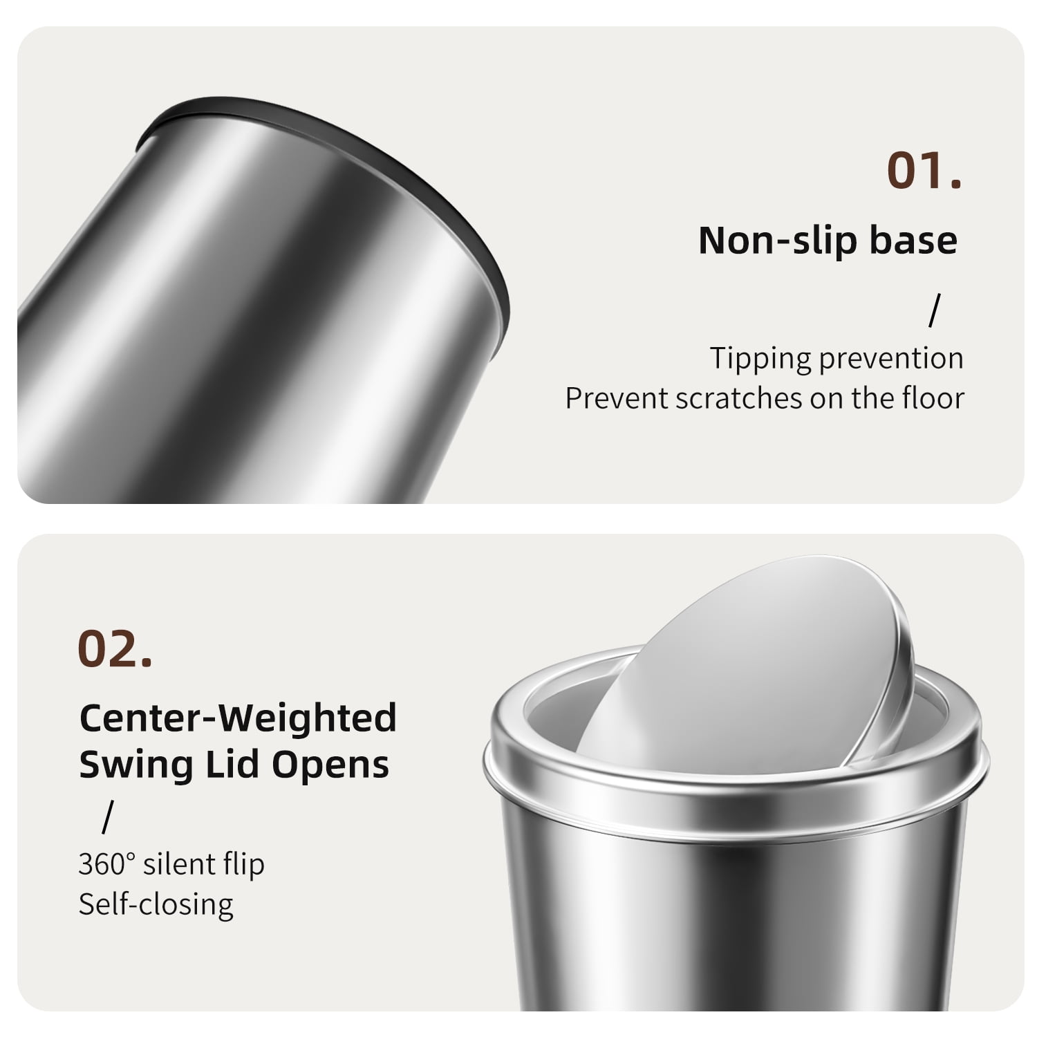 TINANA Small Trash Can with Swing Lid, 1.7 Gallons/6.5 Liters, 2 Pack Stainless Steel Wastebasket with Lid, Cylindrical Garbage Can for Bathroom, Kitchen, and Office, Silver