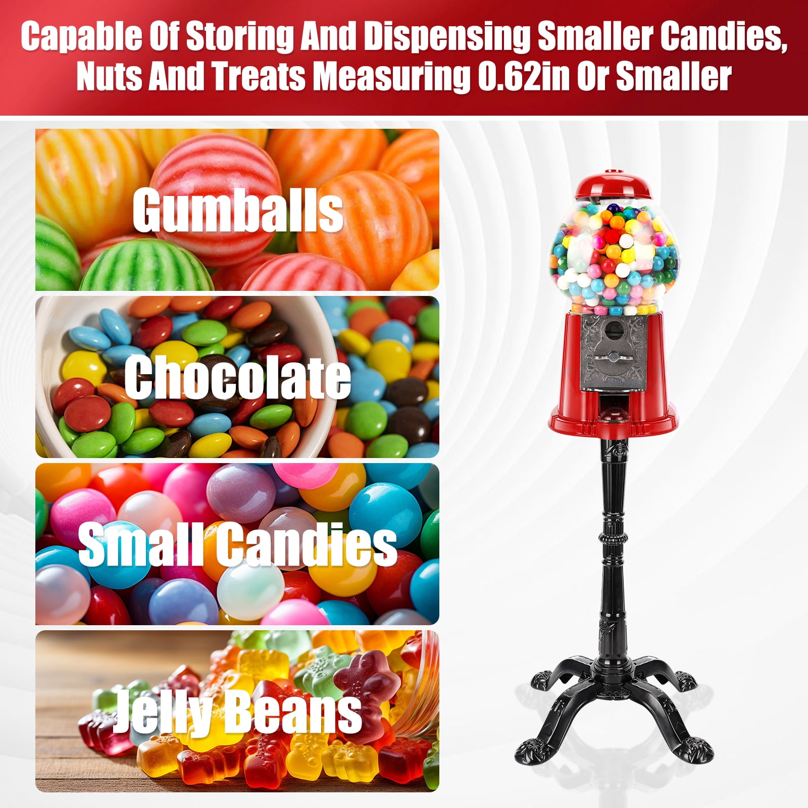 15 Inch Gumball Machine, Home Bubble Gum Candy Dispenser for Shop, Arcade, Family Gathering, Red