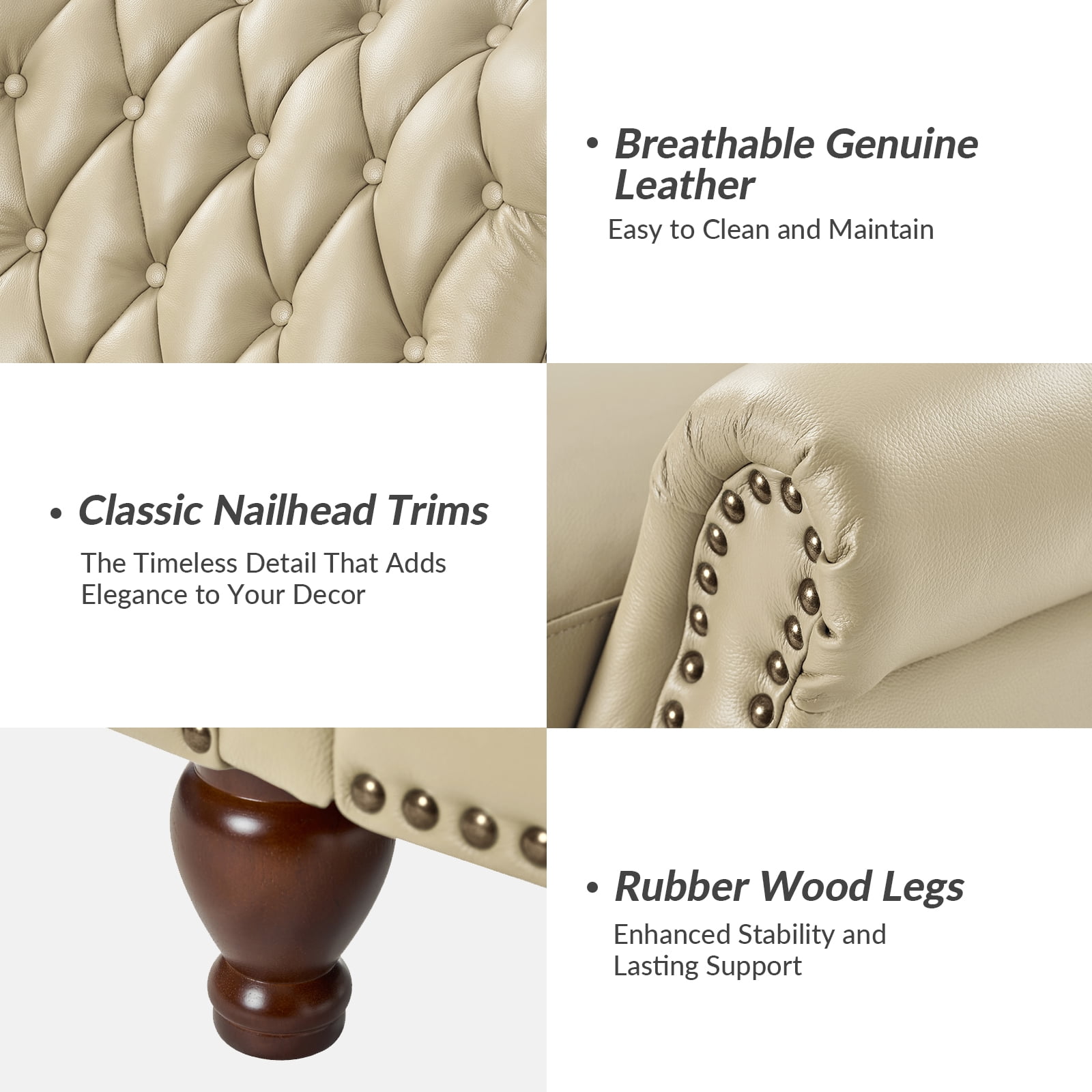 Traditional Genuine Leather Push Back Wingback Recliner Chair Tufted with Nailhead Trims and Solid Wood Legs for Living Room Beige
