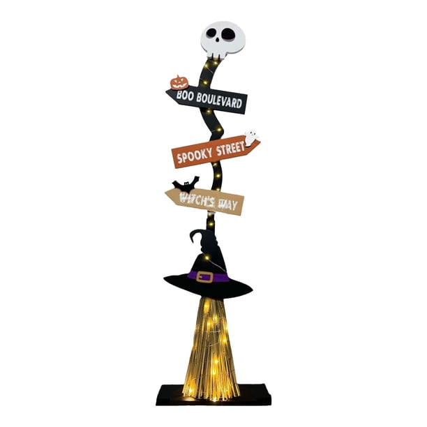 Decoración de escoba de bruja de madera para Halloween con luces de cadena | Adorno para porche y jardín | Decoración para casa encantada y fiestas para el hogar y el jardín