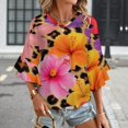 thumbnail image 3 of Hibiscus Flowers Leopard Print Fabric Women's V-Neck Blouse With 3/4 Ruffled Bell Sleeves Casual Top Ladies Blouses, 3 of 7