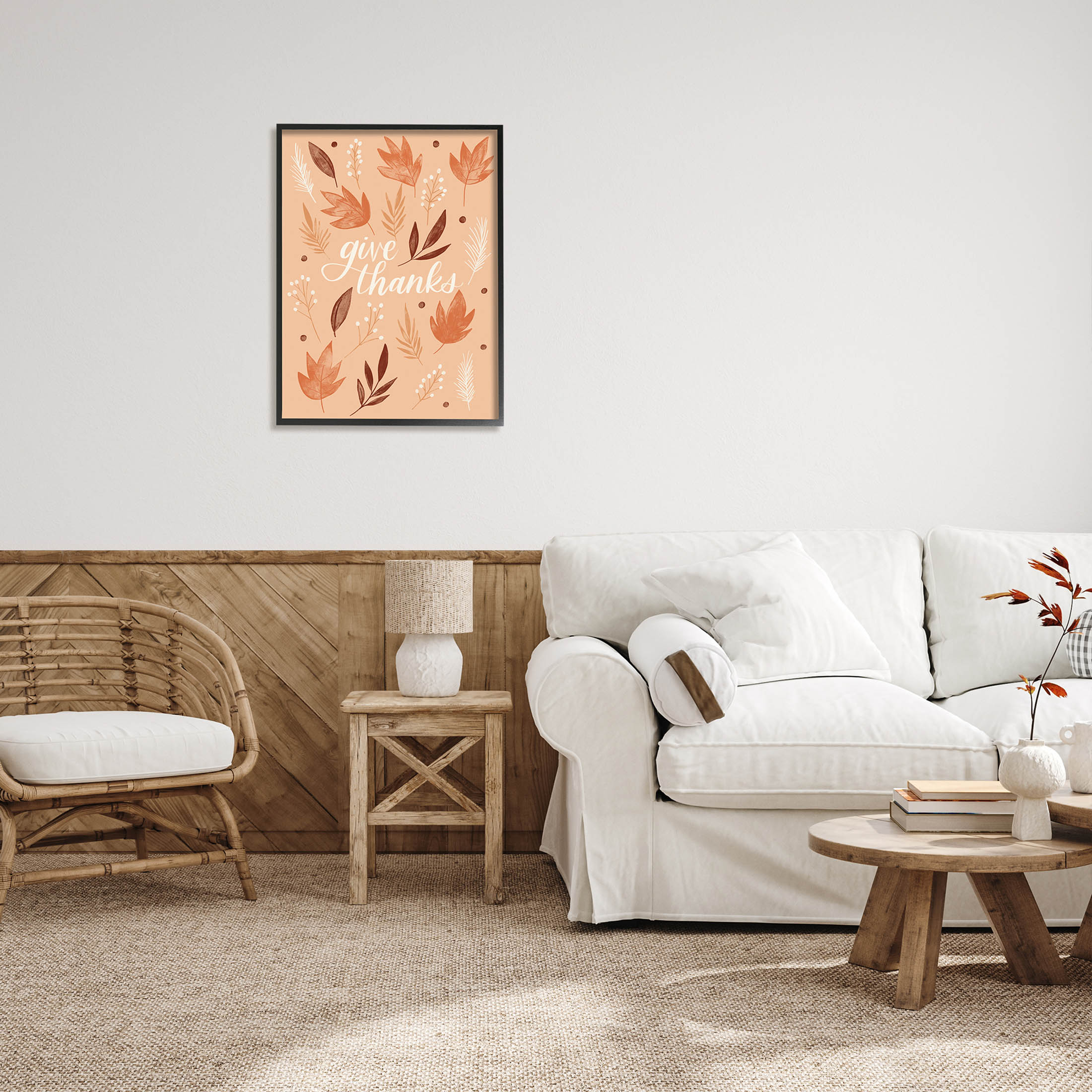 Give Thanks Autumnal Leaves Holiday Graphic Art Black Framed Art Print Wall Art