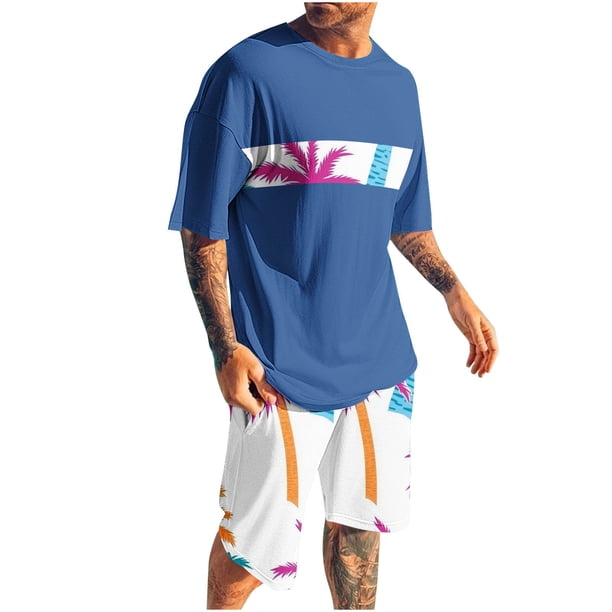 Mangas de Mano para Hombres, Impresión Hawaiana Suelta Casual, Pantalones Cortos Deportivos de Cintura Elástica Y Set de Blusa