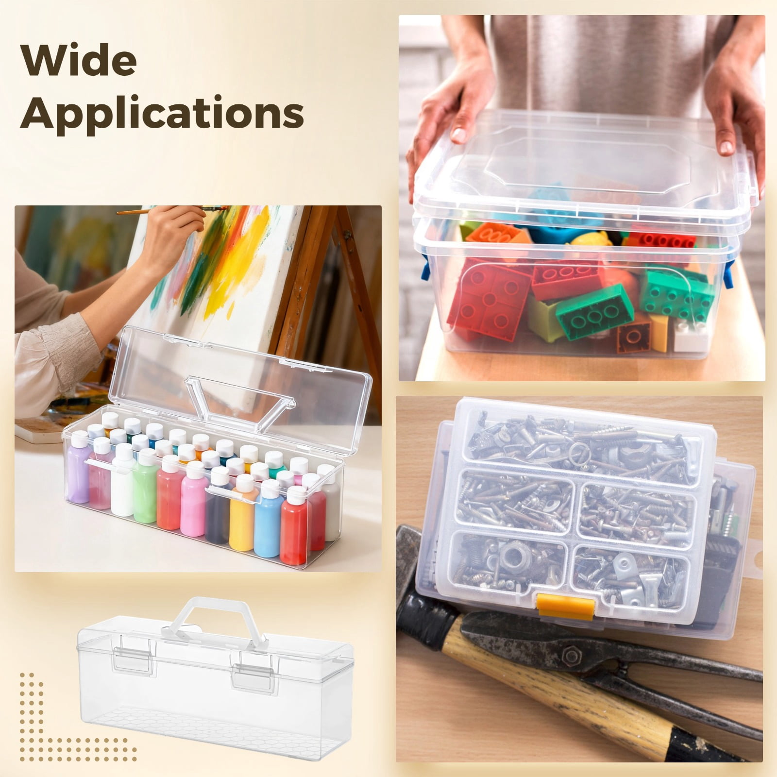 3PCS Acrylic Paint Storage Organizer, Transparent Portable Stackable Art Supplies Holder with Double Locks, Paint Brush & Craft Tool Box for Painting