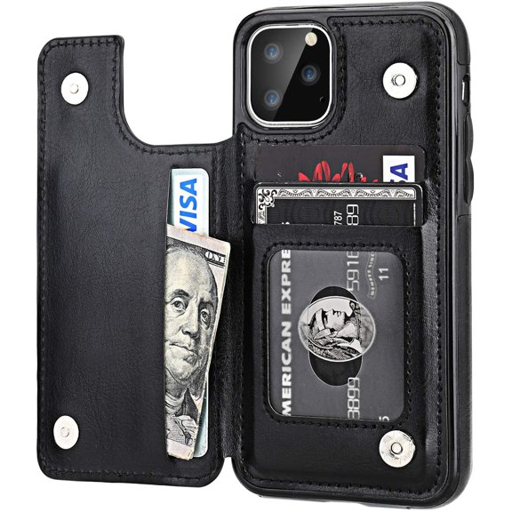 REQO iPhone 11 Pro Wallet Case with Card Holder,REQO PU Leather Kickstand Card Slots Case,Double Magnetic Clasp and Durable Shockproof Cover for iPhone 11 Pro 5.8 Inch(Black)