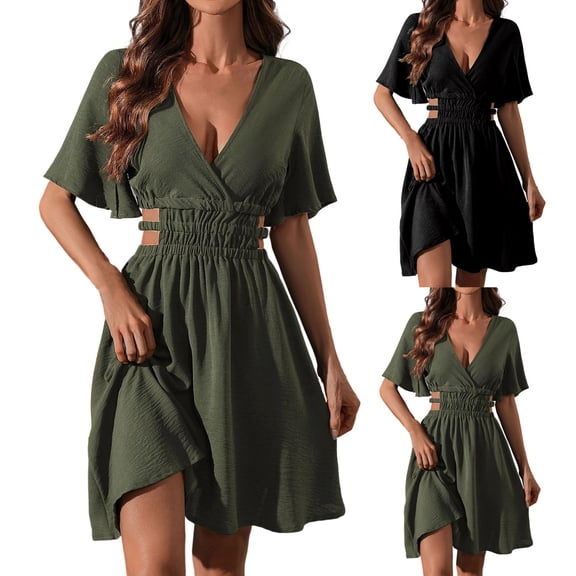 Nmnitkp Dresses for Women Summer Casual Dress, V Neck Flare Short Sleeve Cutout Waist Smocked Crinkle Fabric A Line Mini Dress, Solid Dress for Beach Vacation & Daily Wear Army Green,L