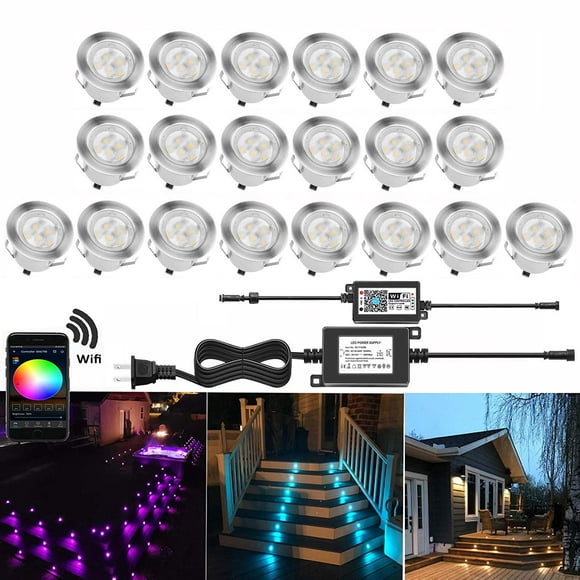 QACA Smart LED Deck Lights Kit WiFi Controlled Color Changeable,?1.38“Outdoor IP67 Waterproof Low Voltage Step Lights In-Ground Lighting,Works with Samrt Phone,Alexa, Google Home(Silver Border,10pack)