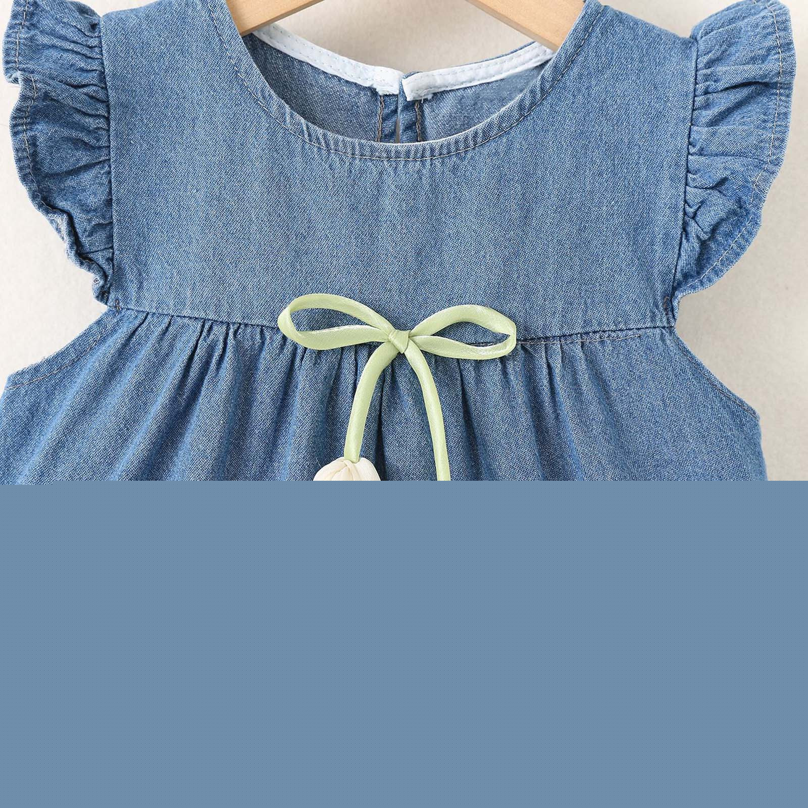 thumbnail image 4 of vdgthytj Toddler Baby Girl Denim Dress Cute Summer Ruffle Sleeve Crewneck Sundress Casual Beach Party Outfits, 4 of 9