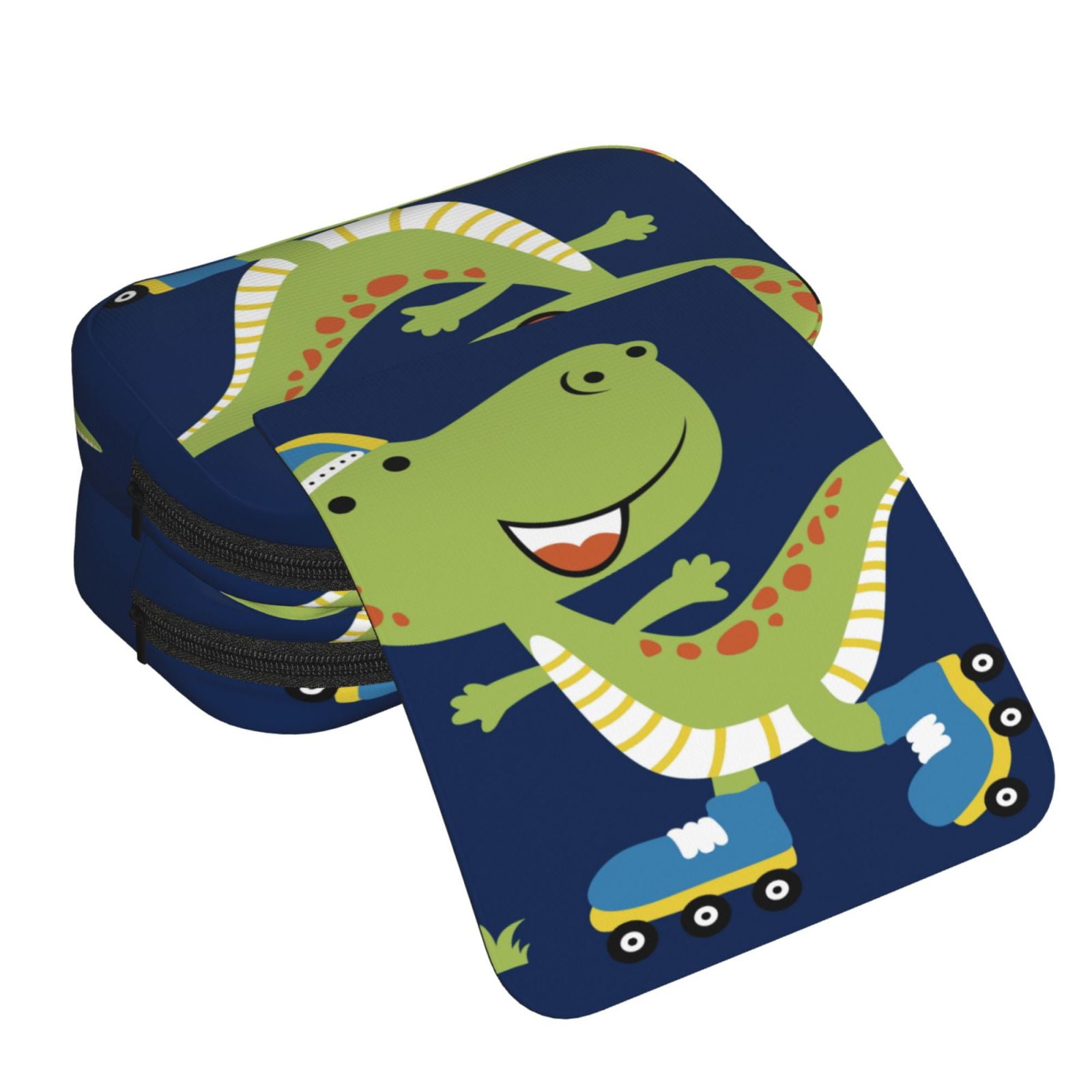 Rateoe Dino Playing Roller Skate Pattern Double Clamshell Pen Case, Storage Organizer with Two Zipper Compartments– Holds Up to 50 Pencils & Pens