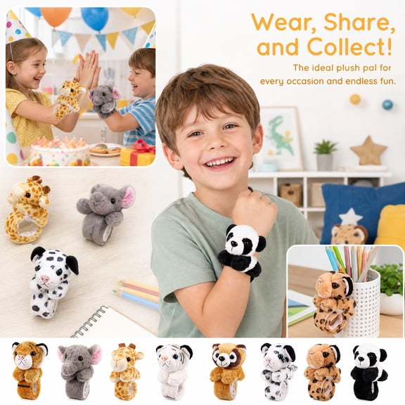 8 Pack Plush Slap Bracelets, Cute Animal Wristbands, Soft Stuffed Snap Bands for Kids & Adults, Party Favors, Gifts, Classroom Rewards