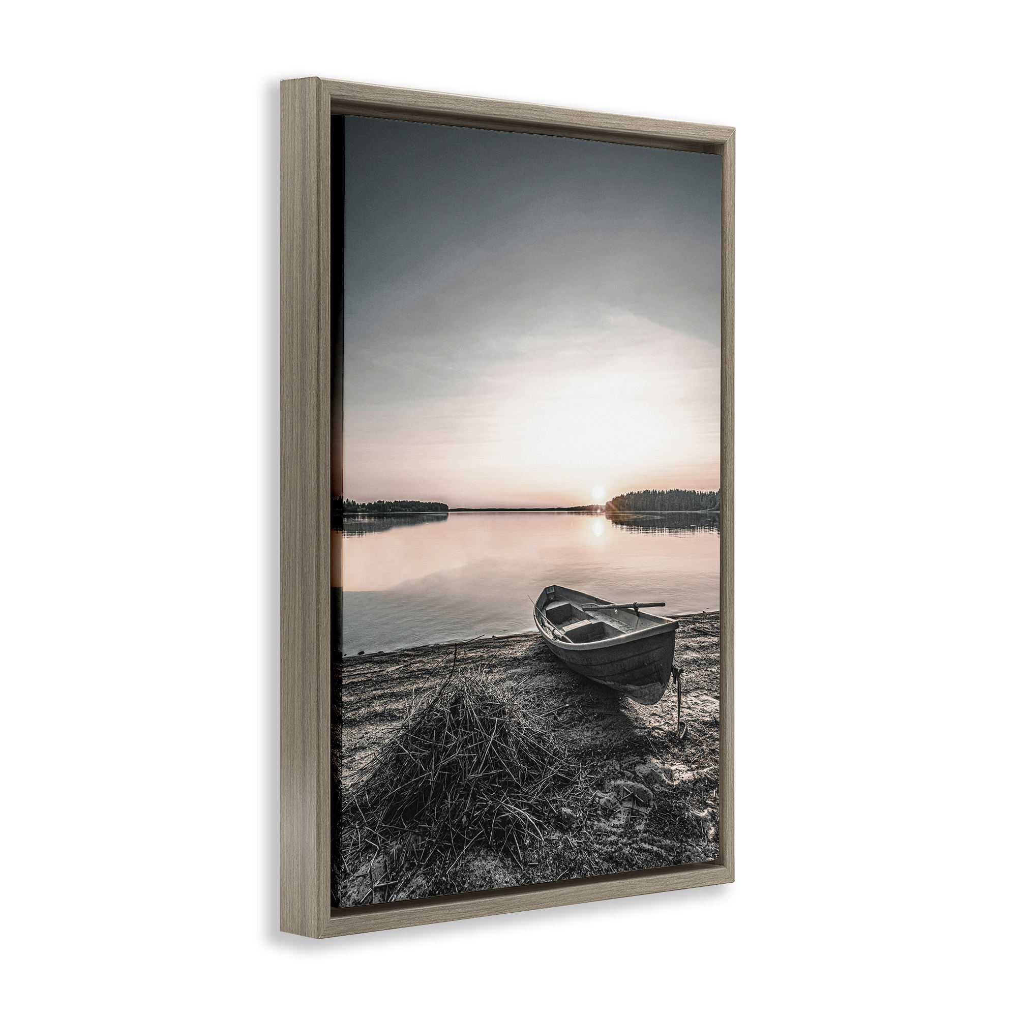 Stupell Industries Deserted Canoe on Shore Landscape Photography Brown Floater Framed Canvas Art Print Wall Art, 21 x 31