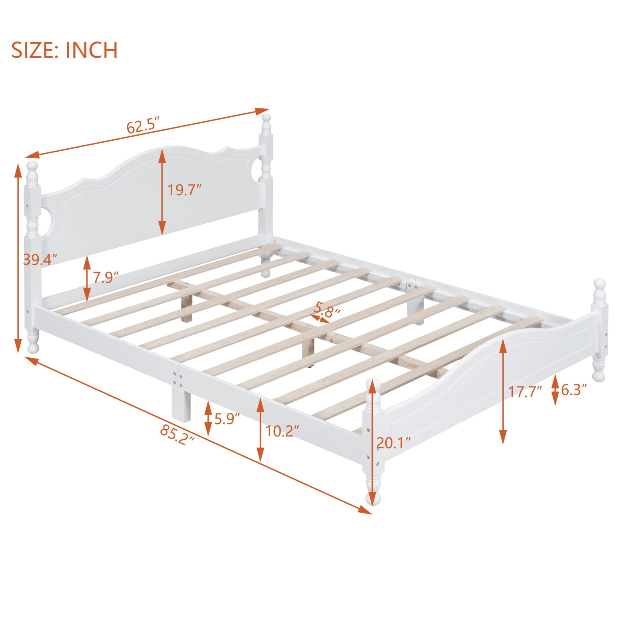 Noble House Queen Wood Platform Bed Frame with Headboard, Wooden Slat Support, White