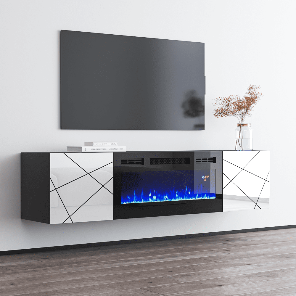 London BL-EF Fireplace TV Stand for TVs up to 70", Modern High Gloss 63" Entertainment Center, Electric Fireplace TV Media Console with Storage Cabinets