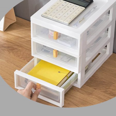 Drawer Desktop Storage Box with 3 Clear Drawer Cosmetic Storage Drawer Vanity Organizer Desk Container Holder for Office Supplies Stationery Pencil File Magazine
