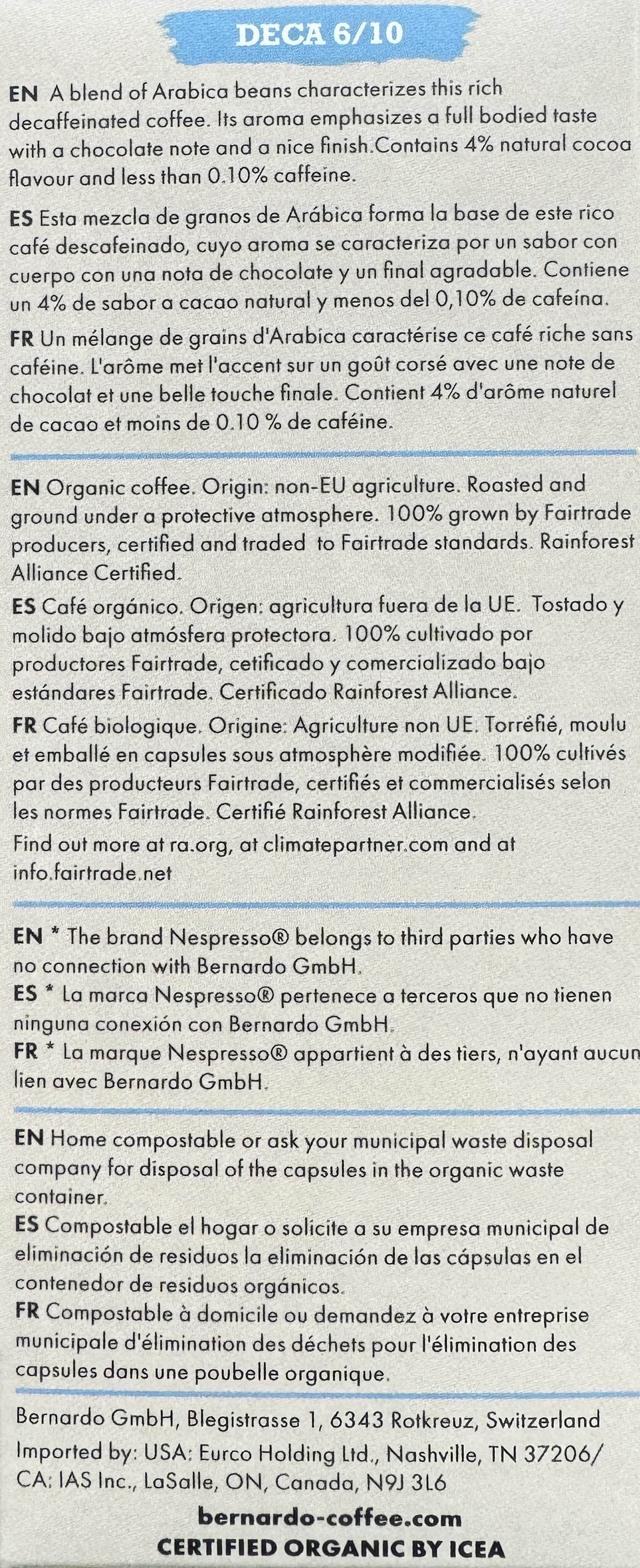 USDA Organic Bernardo Decaf Espresso | Home Compostable Pods | Nespresso Original Machines | DECA 6/10 Strength 10 Packs of 10 (100 Capsules)