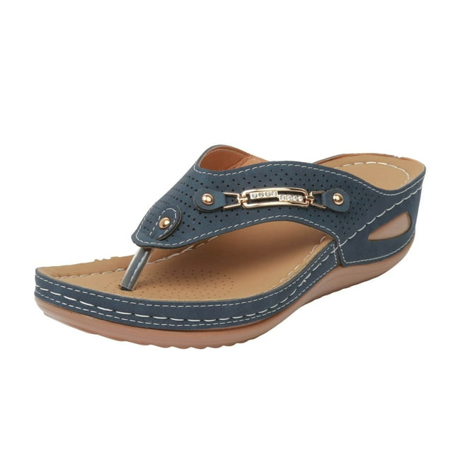 Women's Platform Wedge Sandals Slip On Comfortable Flip Flops with Arch Support Lightweight Non Slip ClipToe Sandals Blue Size 8