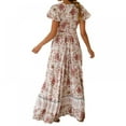 thumbnail image 3 of PENGXIANG Robe Maxi Bohème à Fleurs Imprimées Col en V Manches Courtes Fendue pour Fête à la Plage S-TG, 3 of 5