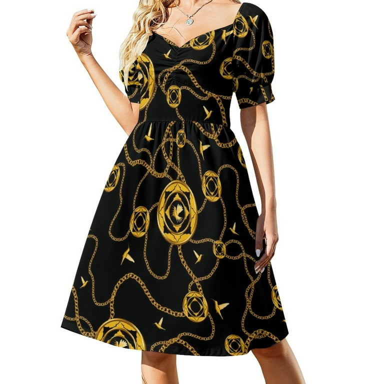 Chain Print Casual Dress Golden Design Korean Fashion Dresses Sexy V Neck  Elegant Printed Dress 4XL 5XL