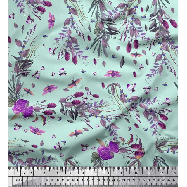 Soimoi Green polyester Crepe Fabric Insects,Rose & Leaves Print Fabric by Yard 42 Inch Wide