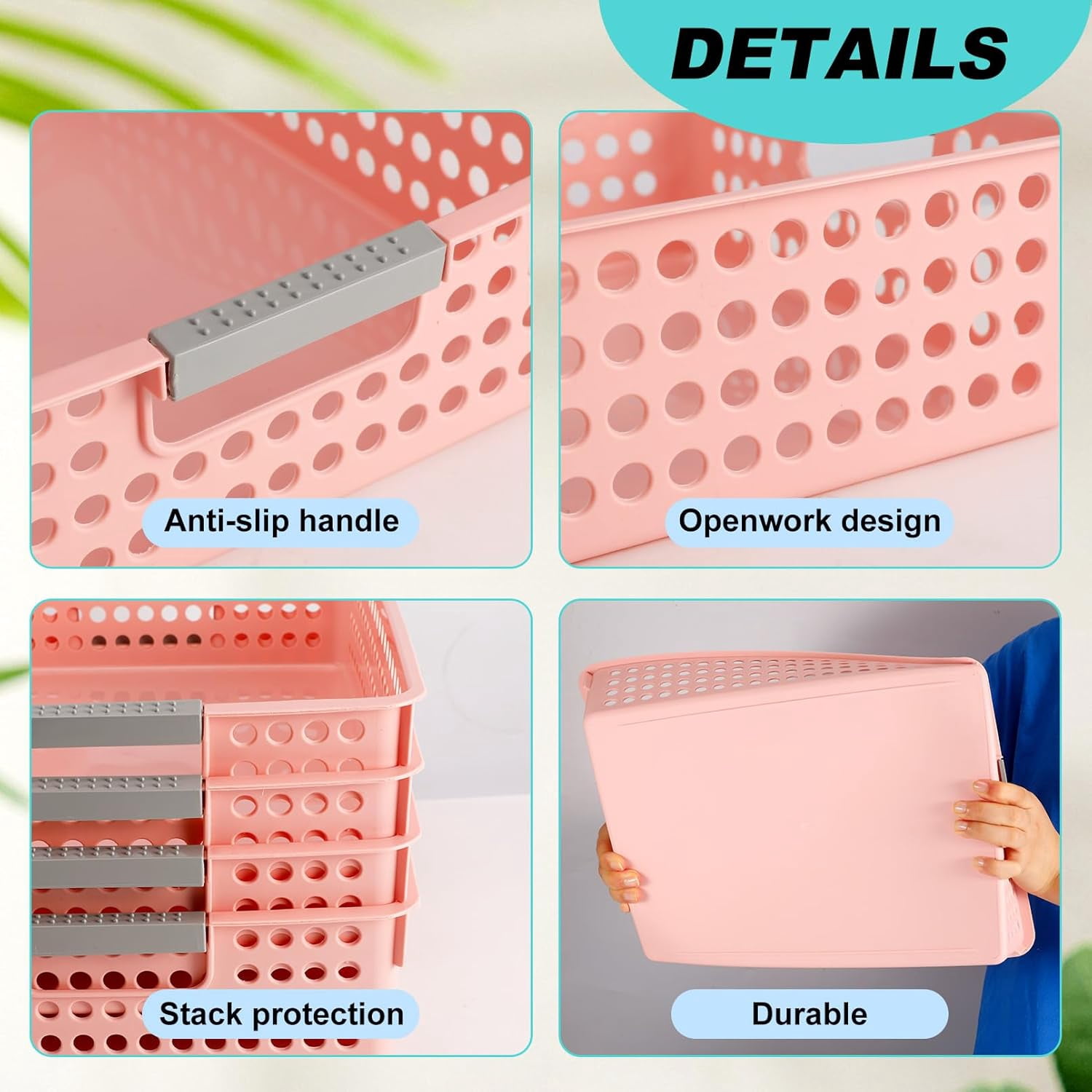 Turn in Trays Classroom,4 Pack Paper Trays for Classroom,Plastic Storage Baskets with Handles,Colorful Classroom Organization and Storage Paper Tray Holds for Drawers, Office, Home (Pink)