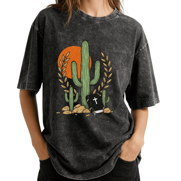 Desert Saguaro Cactus Bible Christian Western Wash Print Tshirt Graphic Tees Charcoal Oversize S-2XL Casual Tops