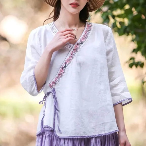 Drovellove Women's Oversized V Neck Hooded 3/4 Length Sleeve Tee - Casual Cotton Linen Top for Summer Outings