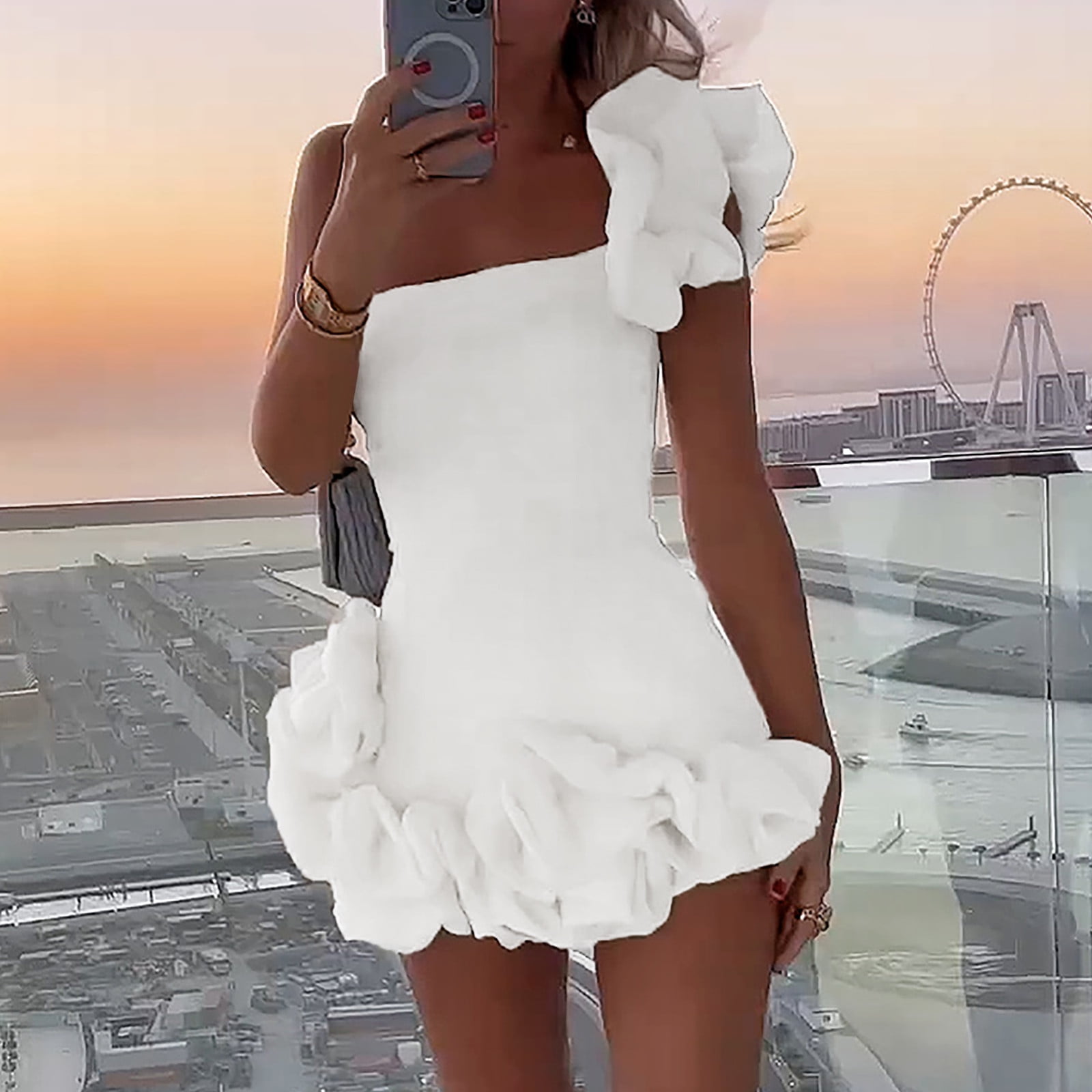 Women's Party Cocktail Mini Dress Women's Summer One Shoulder Sexy Ruffled Dress  Dress With Bra And Hip Wrap Dress White L - Walmart.com