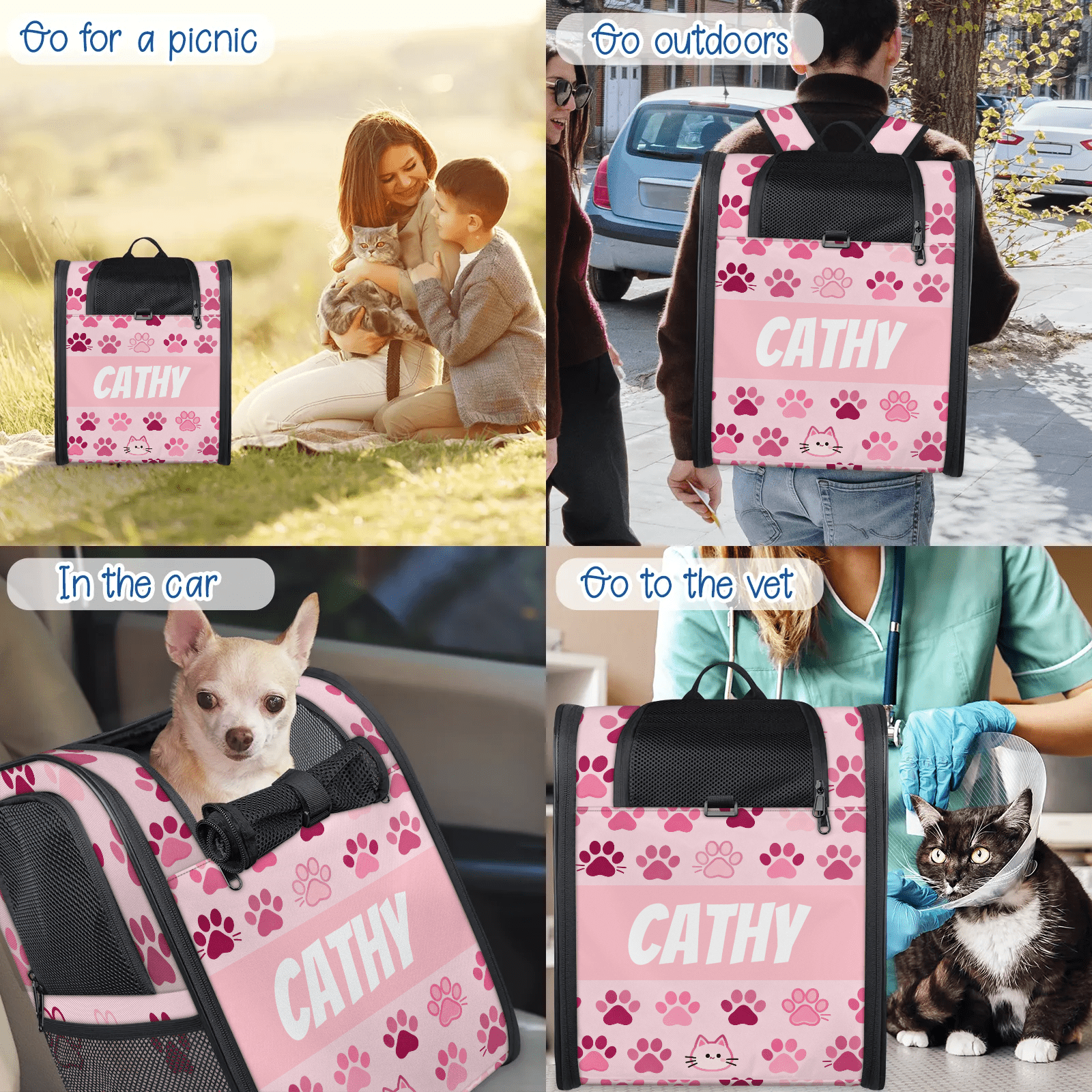 Personalized Cat Backpack Carrier, Custom Name Pet Carrier Bag for Small Cats and Puppies, Breathable Mesh Travel Backpack for Hiking, Walking, Gifts for Cat Lovers