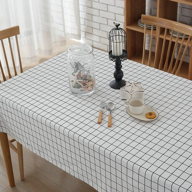 Mantel lavable de algodón y lino rectangular simple natural, cubierta de mantel de encaje con patrón impreso para mesa de comedor de cocina (54 x 78 pulgadas) Feliz Sencillez
