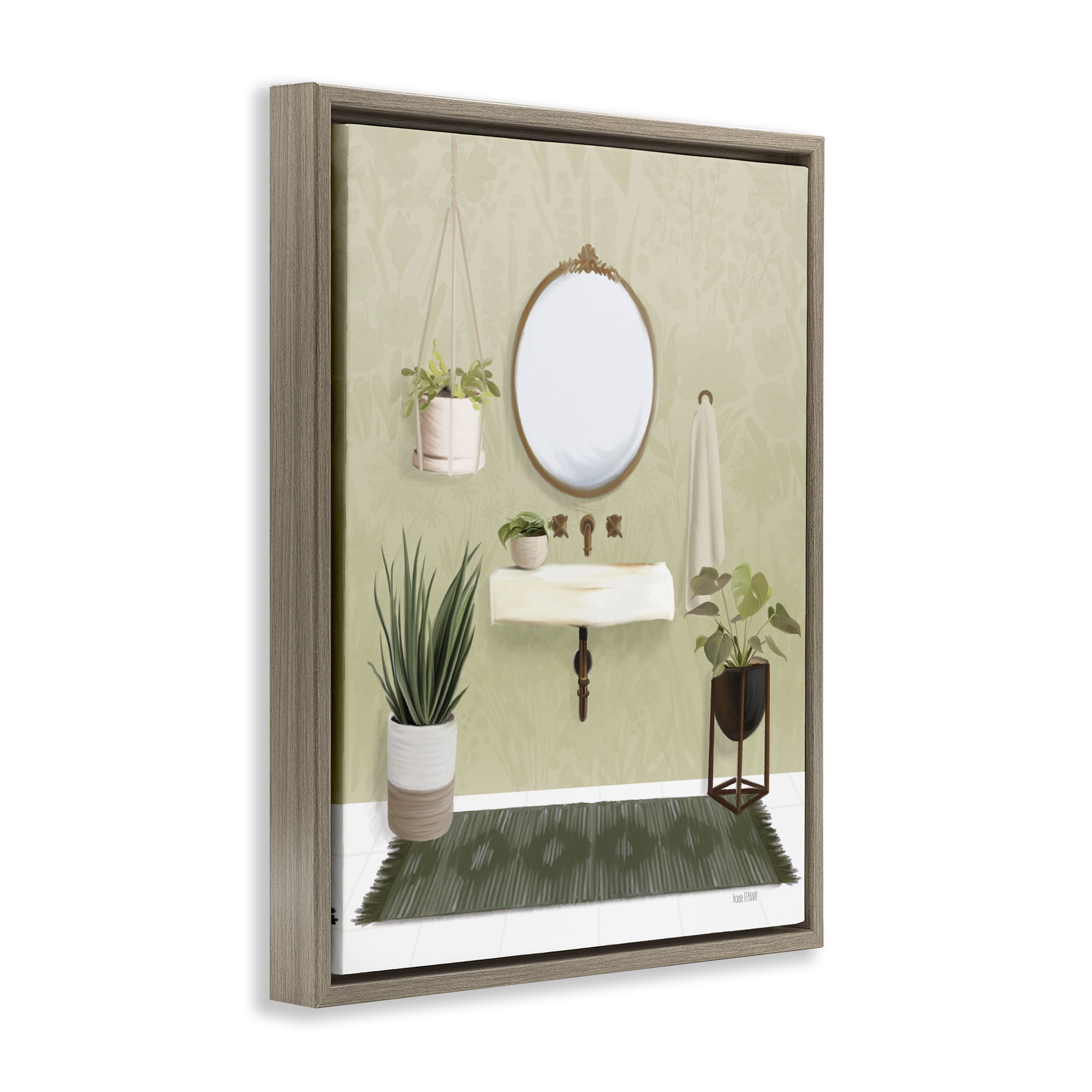 Stupell Industries Soothing Bathroom with Plants Bath & Laundry Painting Brown Floater Framed Canvas Art Print Wall Art, 17 x 21