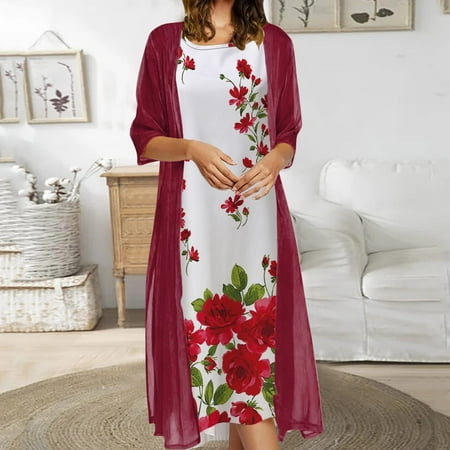 

jsaierl Women Casual Floral Printing Round-Neck Sleeveless Dress Solid Coat Two-Piece Set for Women 2022