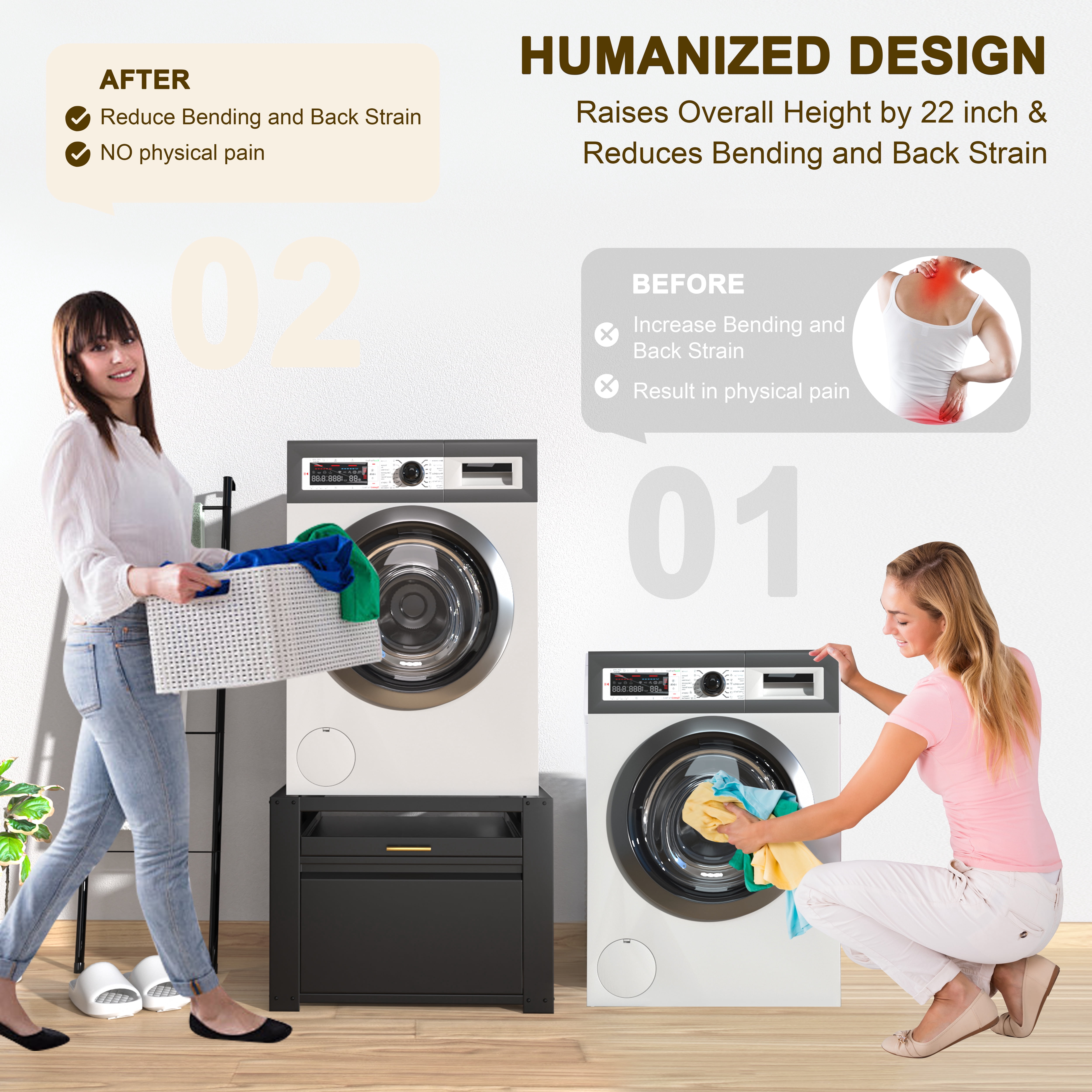 VEIKOUS Washer Dryer Pedestal Stand, 29"L x 29"W x 22"H Washing Machine Stand w/ Storage Shelf & Retractable Laundry Basket Holder, 300 lbs capacity, Black