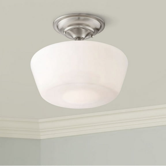 Regency Hill Rustic Farmhouse Ceiling Light Semi Flush Mount Fixture 12" Wide Brushed Nickel Opal White Glass Shade for Bedroom Kitchen Living Room