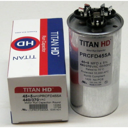 

TitanHD PRCFD455A American-Made HVAC Round Motor Run Dual Capacitor. 45/5 MFD/UF 440 Volts