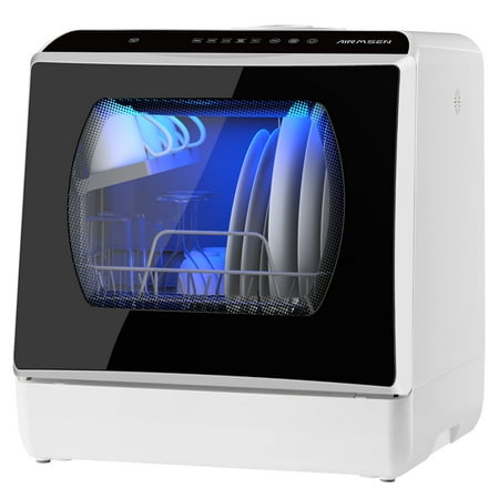 AIRMSEN Portable Countertop Dishwashers, Compact Mini Dishwasher Machine with 5L Built-in Water Tank & Inlet Hose, 5 Programs, White/Black