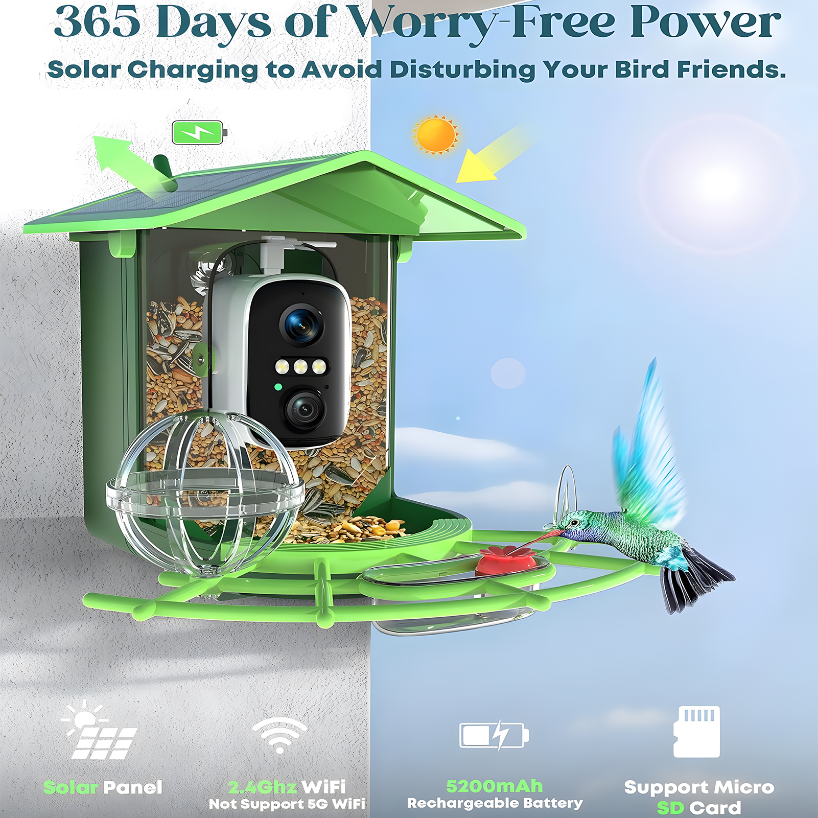KORALAKIRI Bird Feeder with Camera, Solar Smart Hummingbird Feeder Outdoor with Wireless Camera Bird Houses for Outside Garden, 2K Video Live AI Recognition