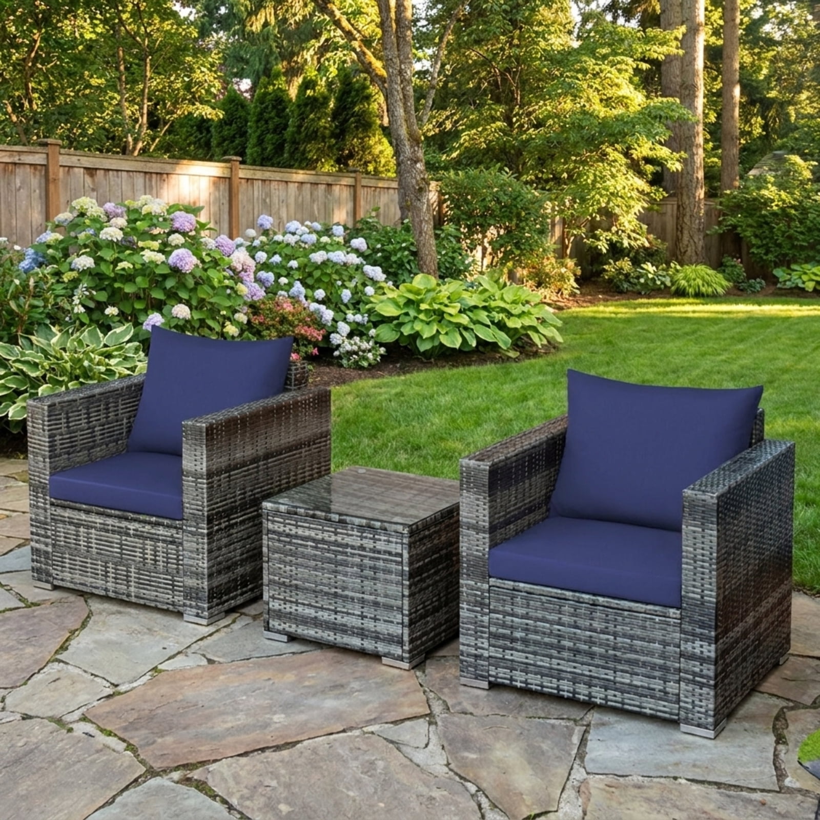 Biotree 3 Piece Patio Rattan Bistro Sofa Set outdoor conversation set with cushions and tempered glass coffee table for balcony garden and porch, Navy