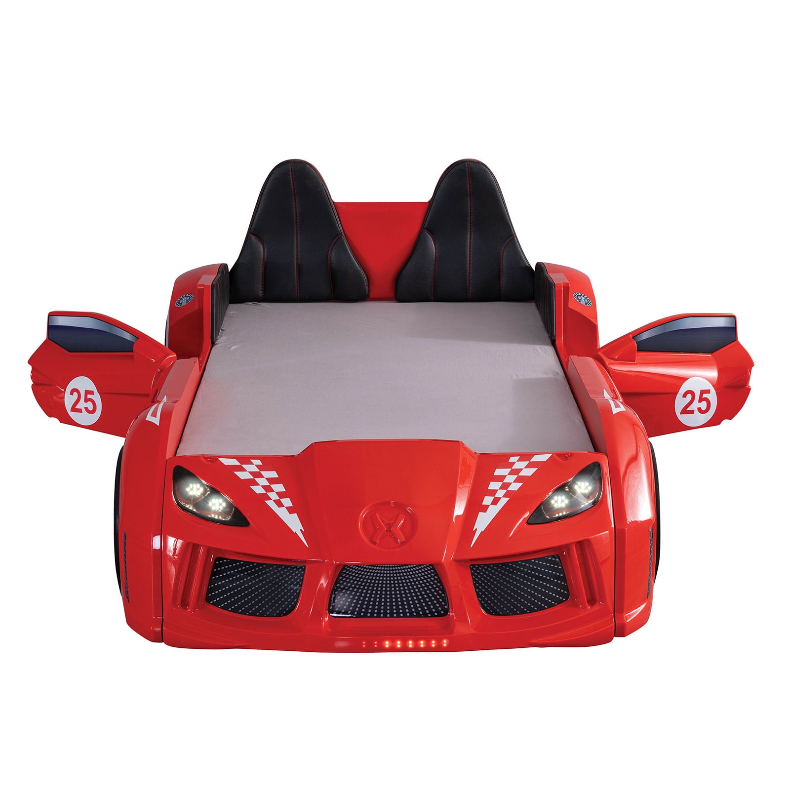 Red Finish Twin Size Race Car Design Bed Modern Novelty Style Attached Two Magnetic Doors With LED Lights On Wheels Bottom Upholstery HB And Sides