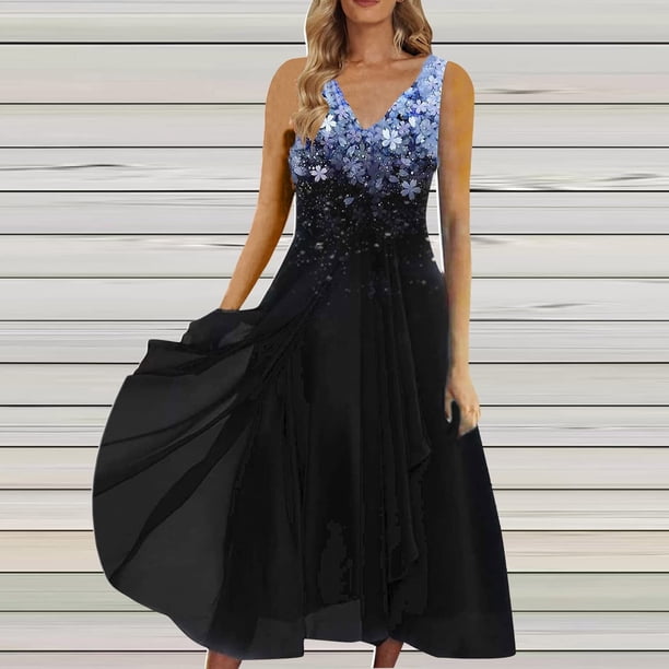 ICHUANYI Clearance Summer Dresses For Women , Floral Print Sleeveless V Neck Dress Pleated Flowy Dresses(Blue, L) ICHUANYI WER2023081401637