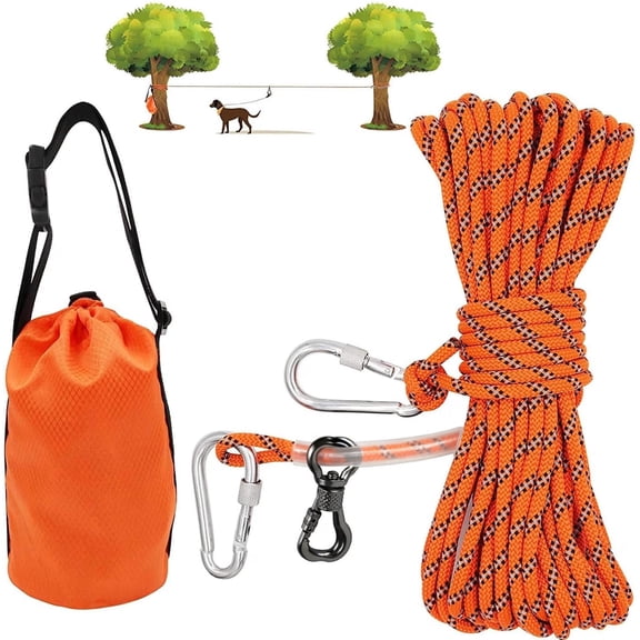 OFEFE Dog Tie Out Cable for Camping, 50ft Portable Overhead Trolley System with 10ft Runner Lead for Dogs up to 200lb, Portable Reflective Dog Lead Line for Yard, Park and Outdoor