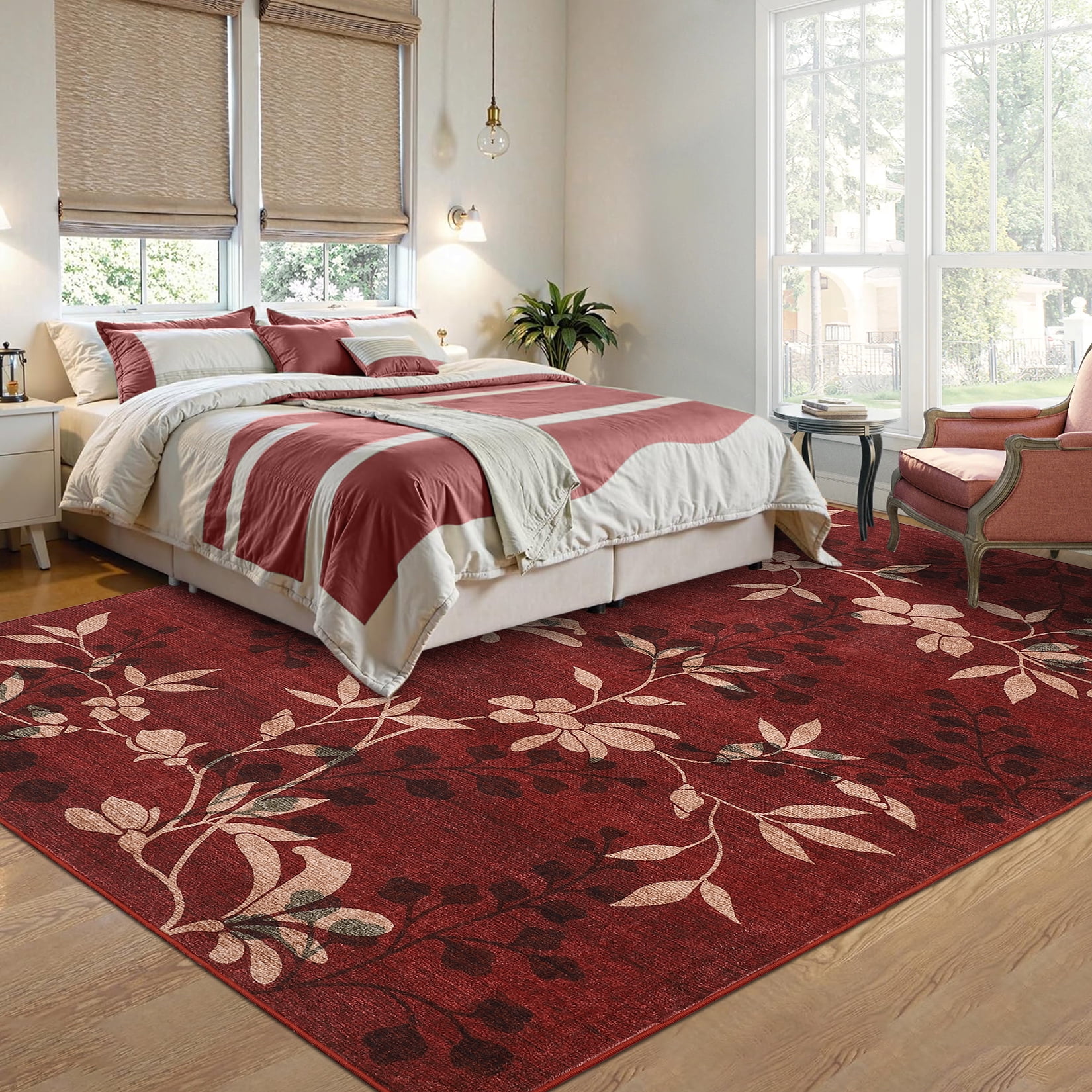 Garvee 9'x12' Modern Area Rug Washable Floral Accent Carpet with Non-Slip Backing, Stain-Resistant Soft Rugs Low Pile Floor Mats, Botanical Print Rug for Living Room, Bedroom, Dining Room, Red